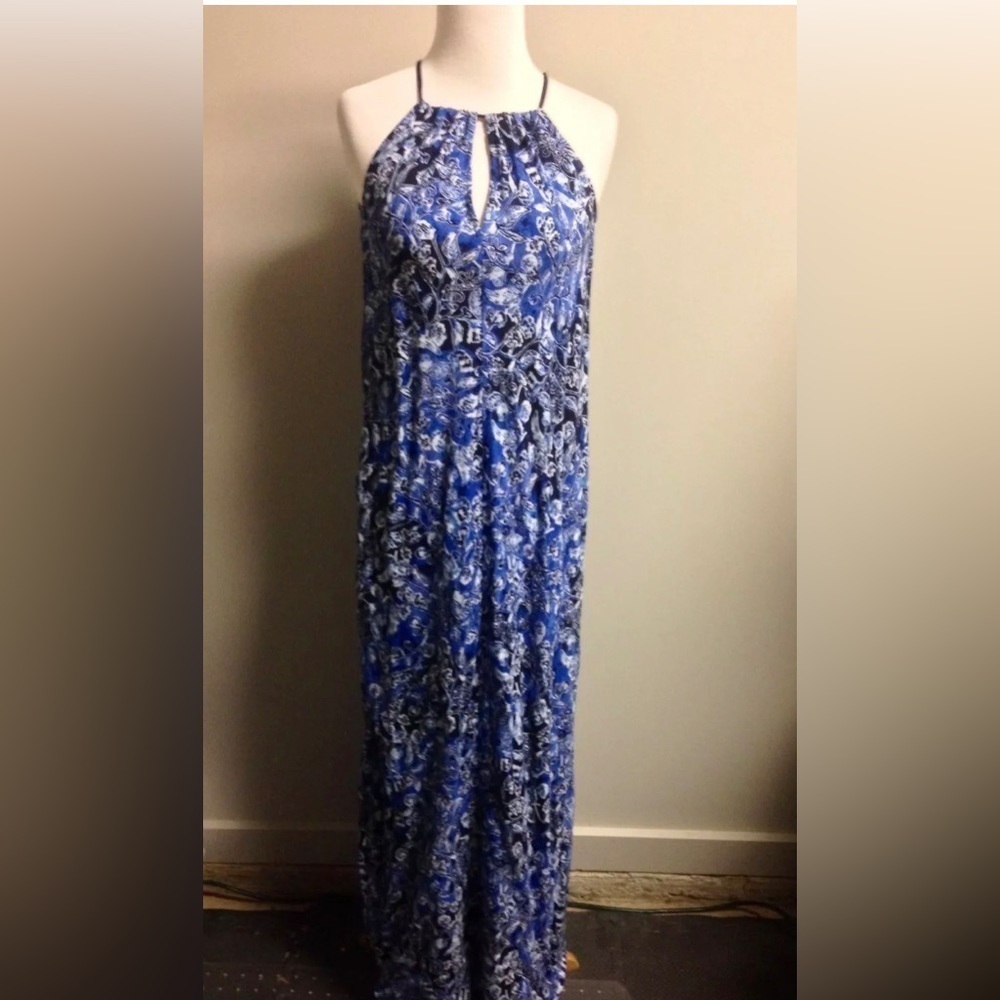 Lucky Brand Blue White Floral Tie Dye Maxi Dress!!Boho Sleeveless!! Sz-X…
